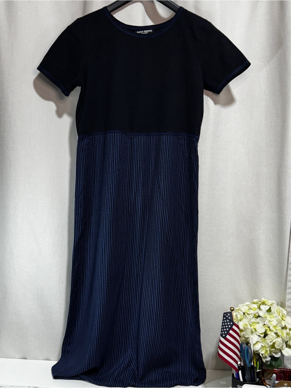 Saint Tropez West Women's Maxi Dress 10 Black/Blue Striped Round Neck Knit